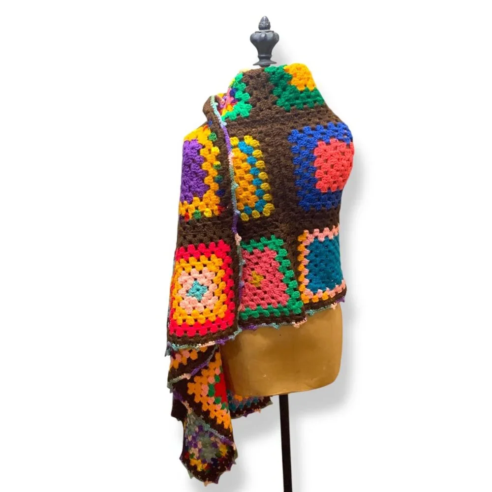 Handcrafted Colorful Crochet Granny Square Wrap Shawl Brown Base Boho Cottagecor